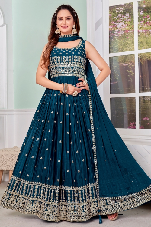 Rama Blue Silk Pleated Anarkali Suit with Embroidery Sequin