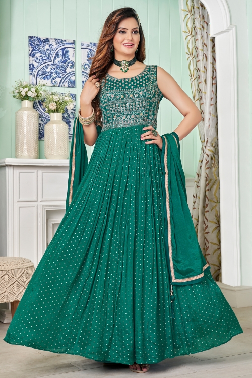 Emerald Green Chinon Anarkali Suit with Mirror Embroidery and Sequin Work