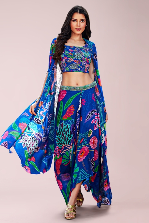Blue Printed Crop Top and Dreped Dhoti Set with Cape in Chinon Chiffon