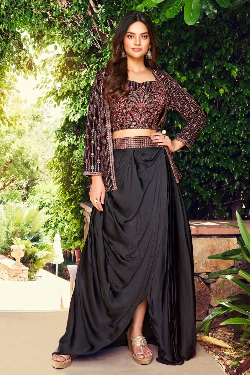 Black Embroidered Crop Top and Dreped Dhoti Set in Chinon with Jacket