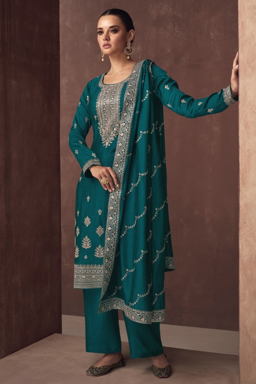 Embroidered Straight Cut Suit in Art Silk