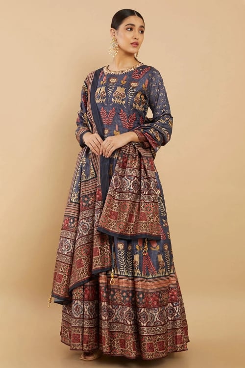 Art Silk Printed and Handwork on Neckline Anarkali Suit with Dupatta