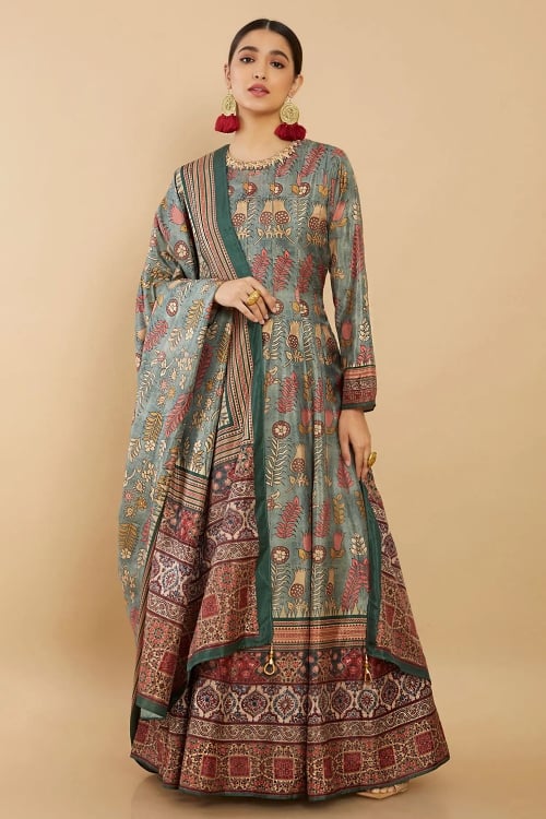 Art Silk Printed and Handwork on Neckline Anarkali Suit with Dupatta
