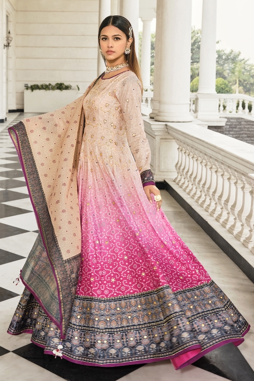 Peach and Pink Shaded Bandhani Printed Anarkali Suit in Silk with Sequins