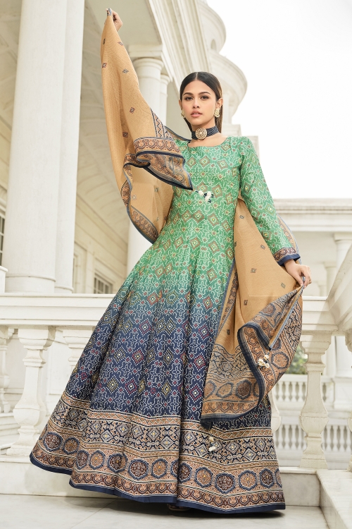 Sea Green and Blue Bandhani Printed Anarkali Suit in Silk