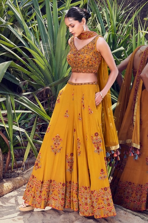 Mustard Crop Top Palazzo Suit in Georgette with Embroidery Sequins Work