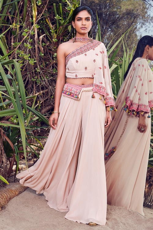 Light Pink Georgette One Side Bell Sleeved Crop Top Palazzo with Choker Dupatta and Tassels