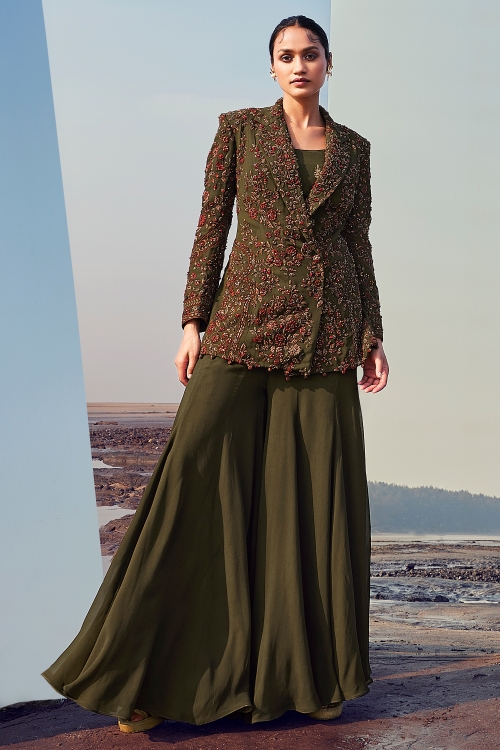 Olive Green Crop Top Palazzo with Embroidered Jacket in Georgette