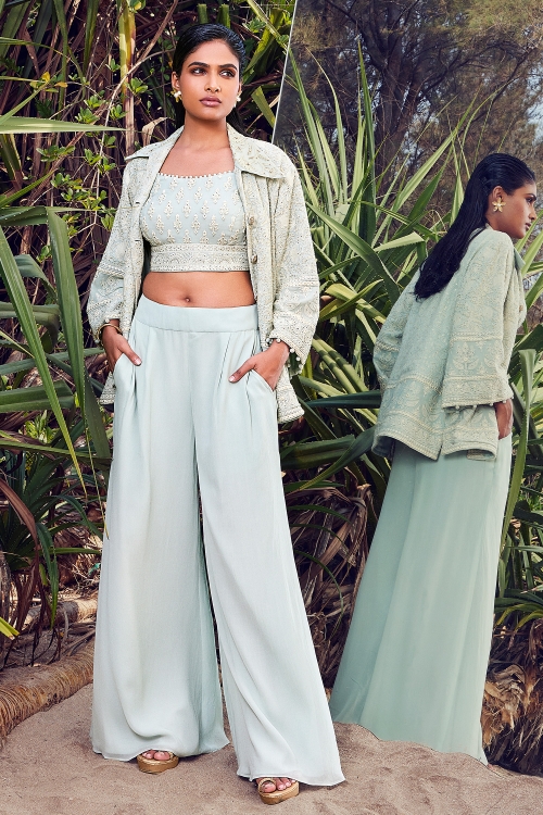 Light Blue Crop Top Palazzo Set in Georgette with Lucknowi Embroidery Work Jacket