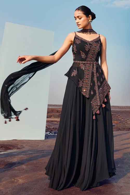 Black Embordered Palazzo Suit in Georgette with Tassles
