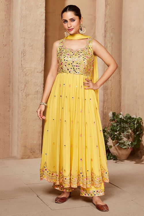 Yellow Georgette Mirror Embroidered Anarkali Palazzo Suit