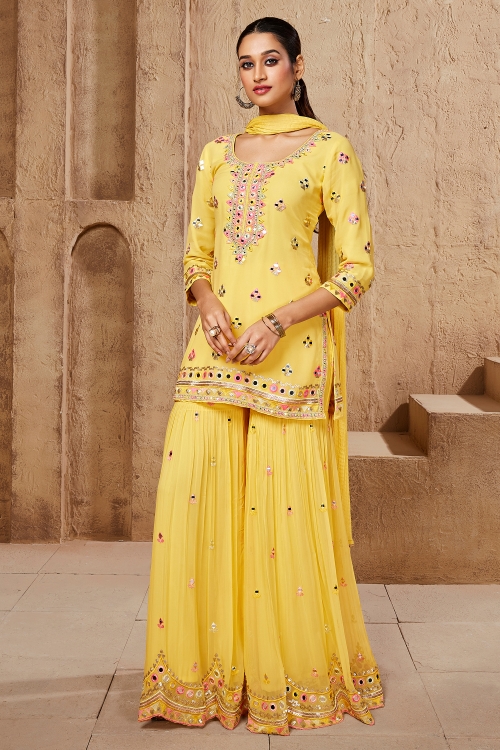 Yellow Georgette Mirror Embroidery Sharara Suit with Sequins Work