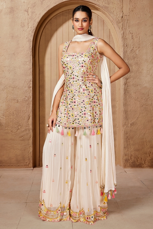 Off White Georgette Heavy Mirror Embroidered Worked Sharara Suit