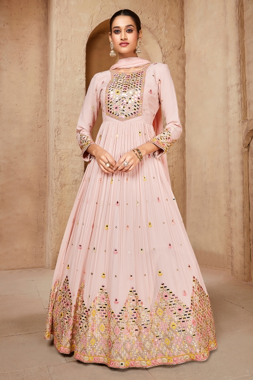 Light Pink Georgette Heavy Mirror Worked Anarkali Suit