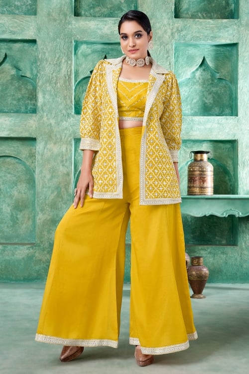 Yellow Crop Top Palazzo Set in Chinon with Embroidered Moroccan jaal Work Jacket