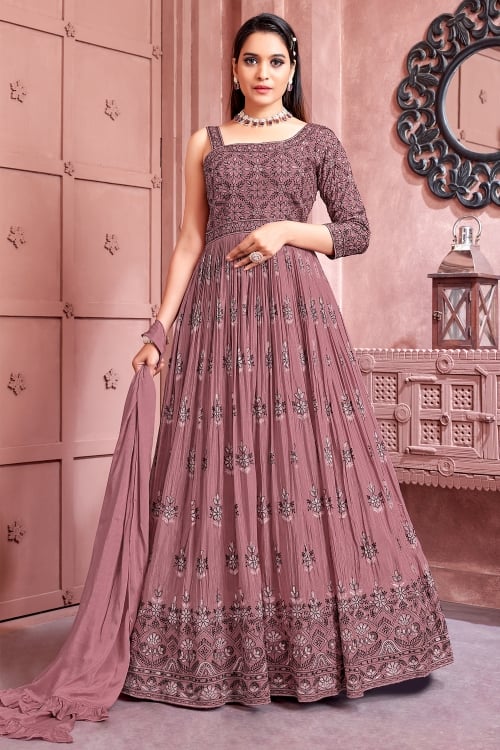 Mauve Flared Anarkali Suit in Silk with Embroidery and Sequins Work