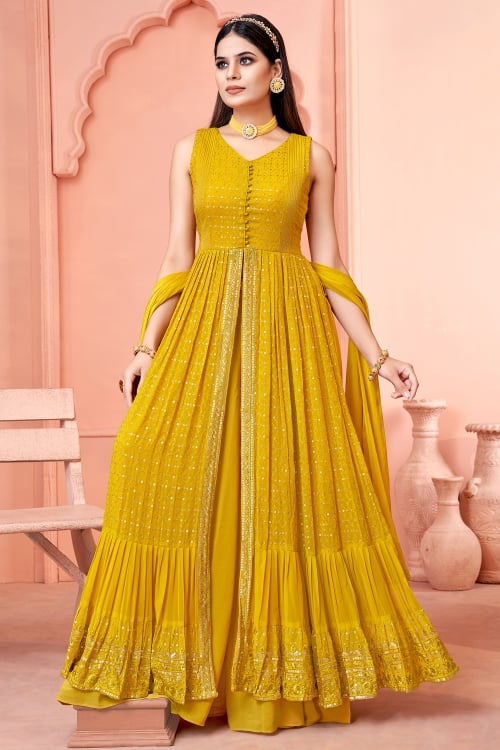 Yellow Front Slit Cut Suit in Georgette with Embroidery Sequins Work