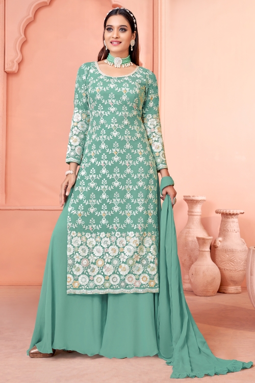 Sea Green Straight Cut Embroidered Palazzo Suit in Georgette