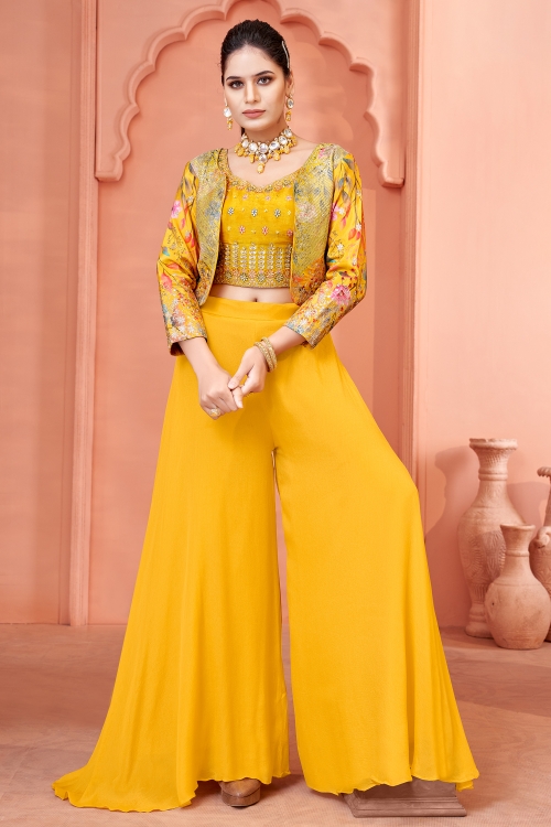Yellow Silk Sequinned Work Crop Top Palazzo Set with Jacket