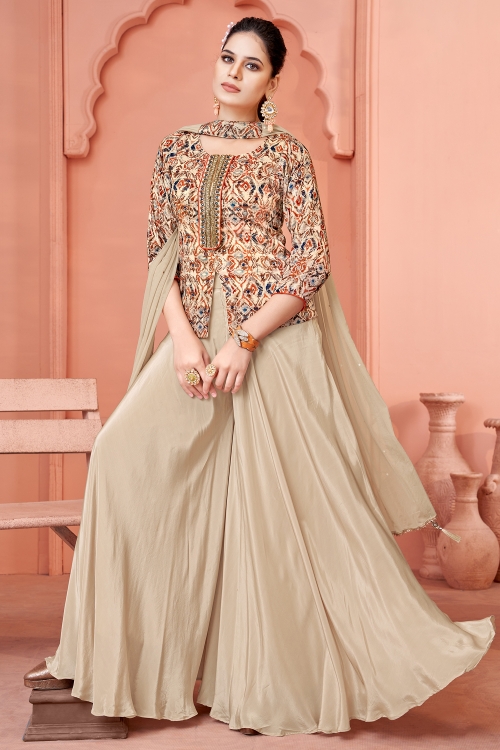 Taupe Printed Palazzo Set in Georgette with Choker Dupatta