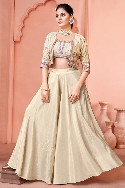 Cream Crop Top Palazzo Set in Georgette with Embroidered Jacket