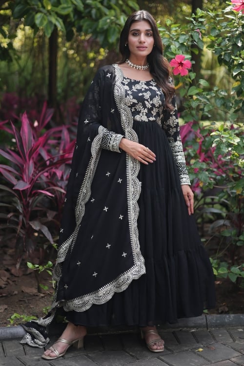 Floral Woven Bodice Flared Anarkali Suit with Scallop Border Dupatta in Viscose Georgette