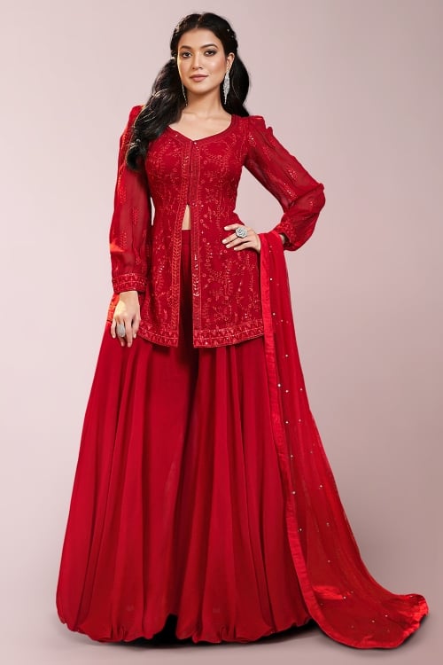 Red Embroidery and Sequins Work Palazzo Suit in Georgette with Cuff Sleeves