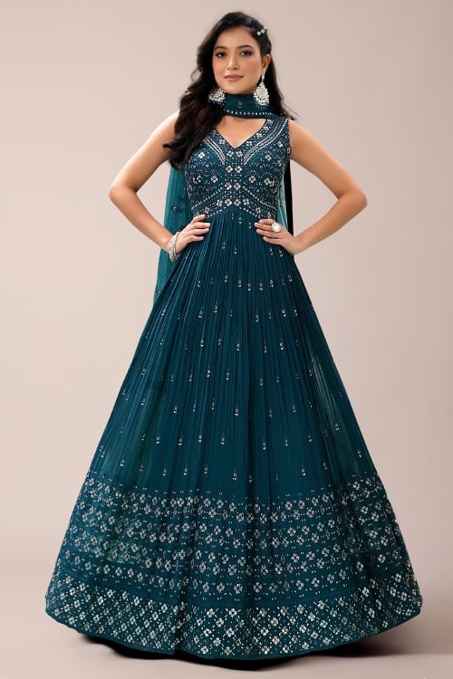 Rama Blue Sequinned Anarkali Suit in Georgette with V Neckline