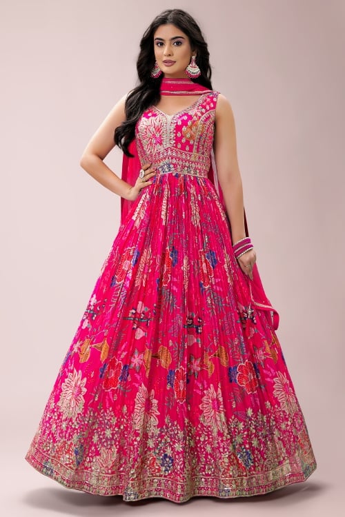 Pink Floral Printed Pleated Anarkali Suit in Chinon with Sequins Work