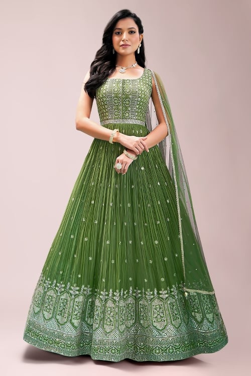 Olive Green Pleated Sequinned Anarkali Suit in Georgette