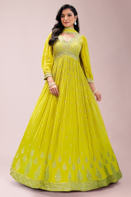 Lemon Green Sequinned Bodice and Butta Work Anarkali Suit in Chinon Silk