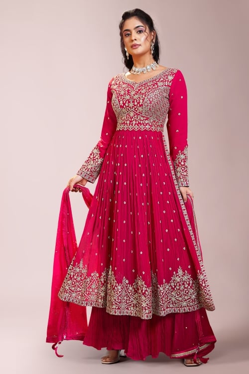 Pink Sequins Embroidered Palazzo Suit in Georgette