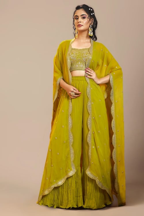 Lime Green Crop Top and Palazzo Sut in Georgette with Scallop Border Dupatta