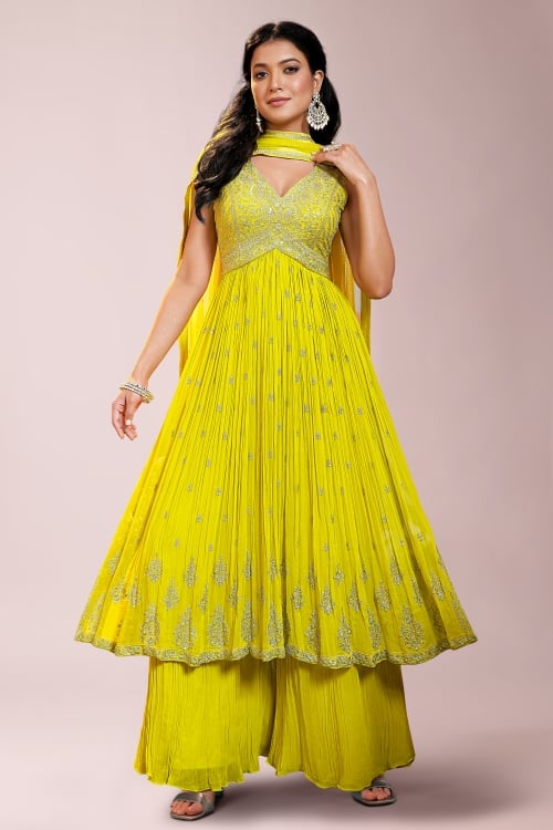 Yellow V Neckline Palazzo Suit in Georgette with Sequins Work