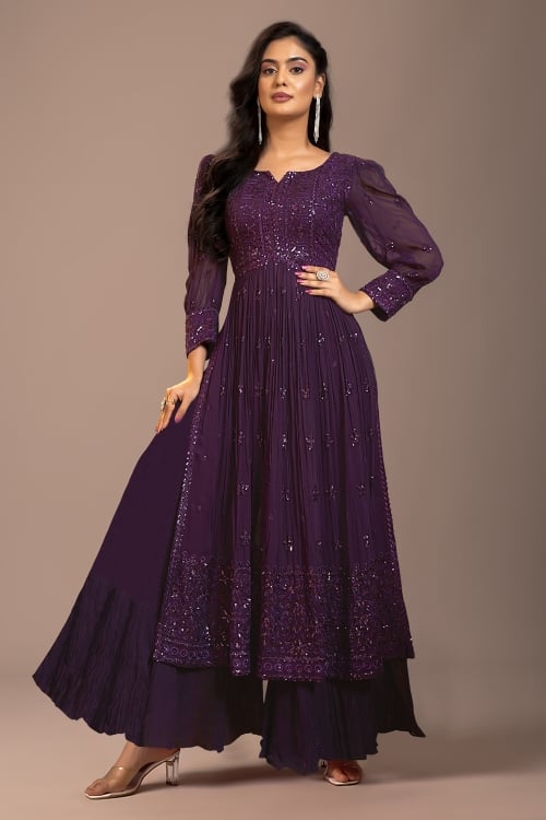 Wine Purple Sequinned Palazzo Suit in Georgette with Cuff Sleeves