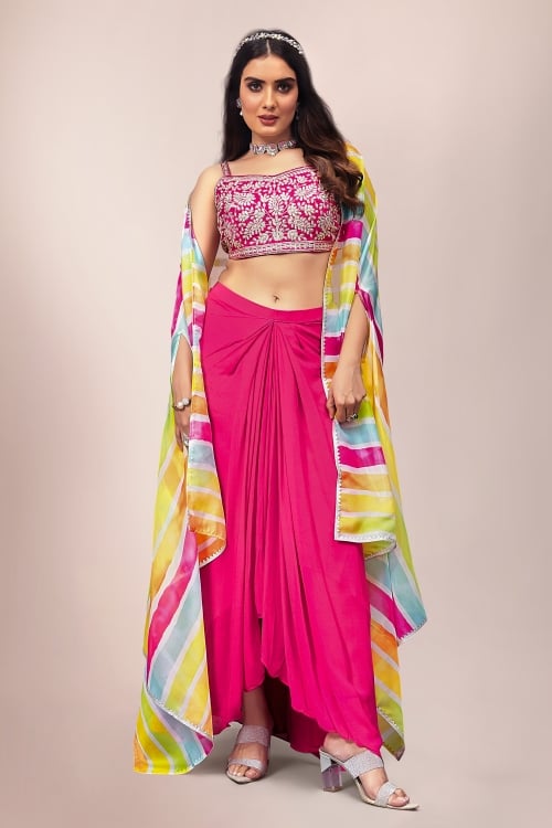 Pink Chiffon Georgette Embroidered Crop Top and Georgette Draped Dhoti with Cowl Jacket