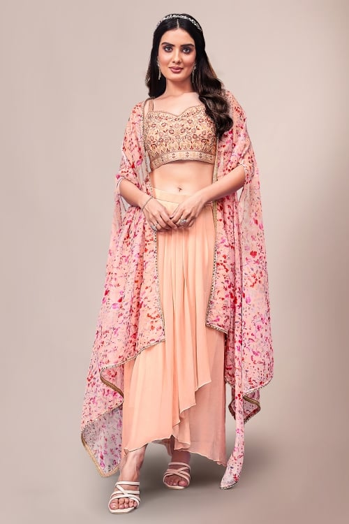 Light Pink Crop Top with Draped Skirt and Printed Jacket in Chiffon Georgette