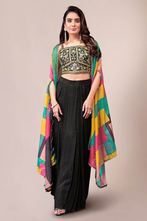 Black Embroidered Crop Top and Draped Skirt with Jacket in Georgette