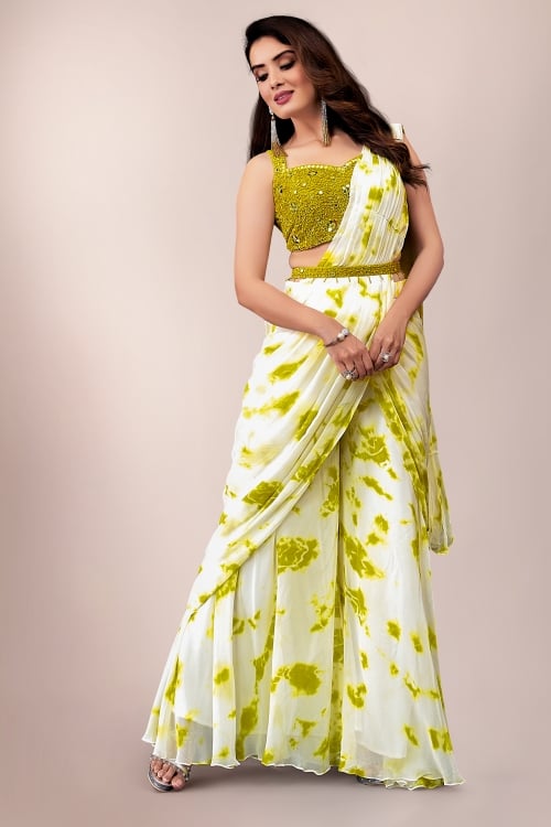 Cream and Green Crop Top and Tie Dye Printed Palazzo with Attached Dupatta in Chinon Georgette