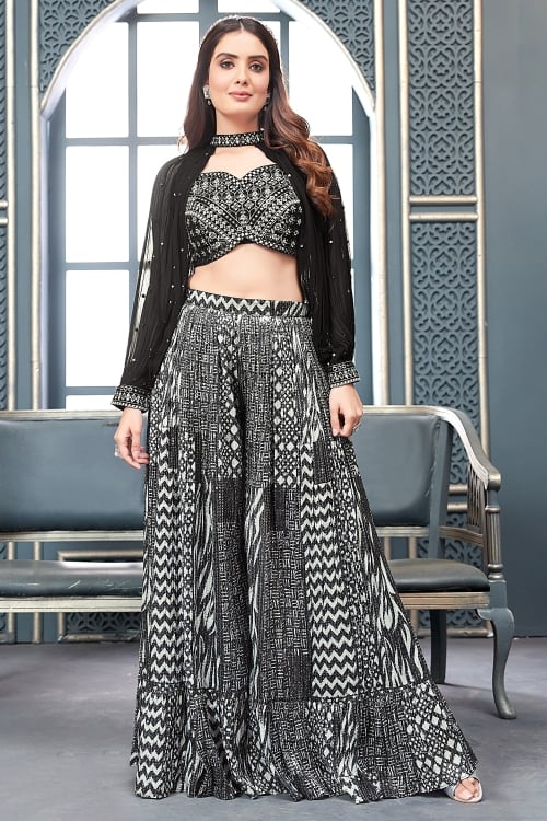 Black Printed Crop Top and Palazzo with Fancy Sleeves in Chiffon Georgette