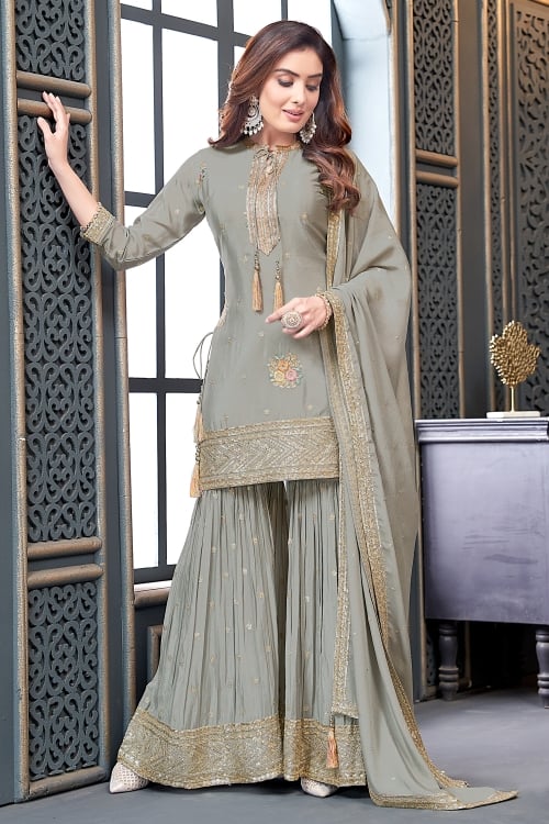Grey Sharara Suit in Chinon with Embroidery Sequins work