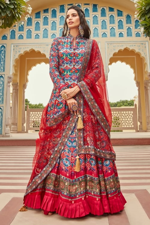 Multi Colored Patola Printed Anarkali Suit in Jacquard Art Silk with Pleated Border