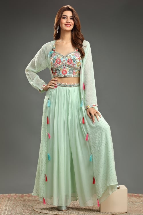 Pista Green Embroidery and Beads Work Crop Top Palazzo Set with Jacket in Georgette