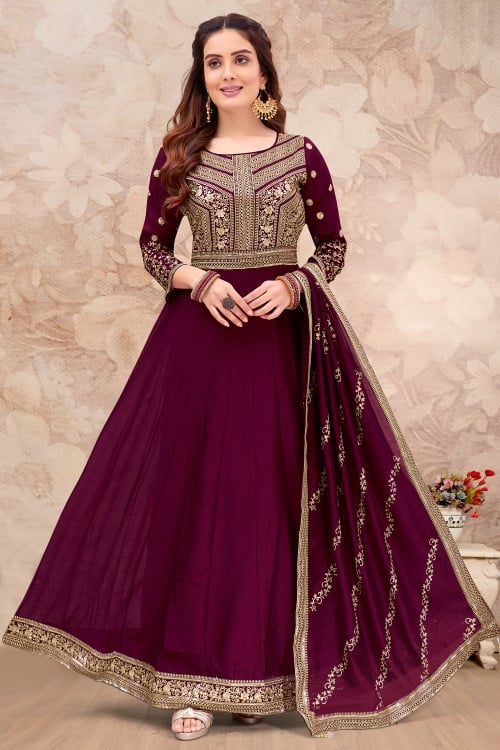 Wine Purple Sequins Embroidery Work Anarkali Suit in Chinon