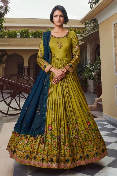 Olive Green Chinon Floral Printed Pleated Anarkali Suit