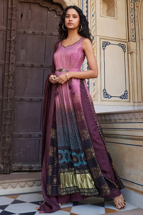 Purple Ombre Silk Printed Straight Cut Palazzo Suit