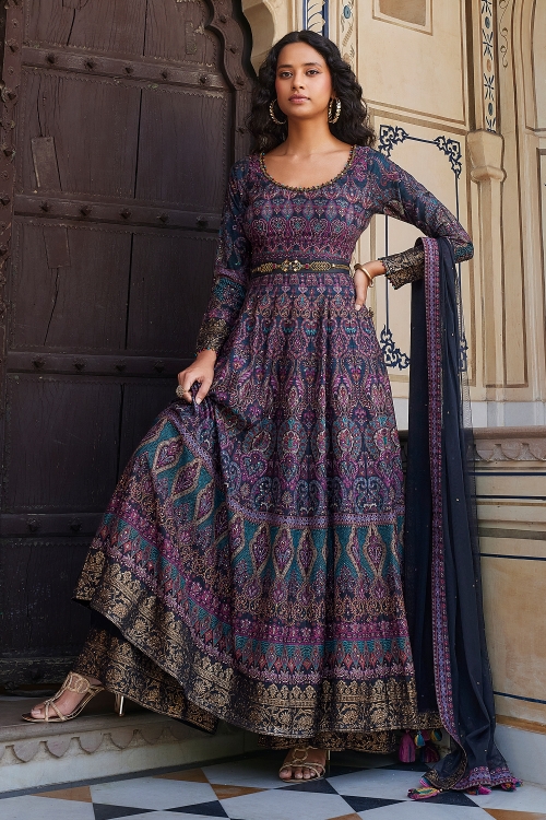 Blue Printed Anarkali Palazzo Suit with Cutdana and Sequins Work