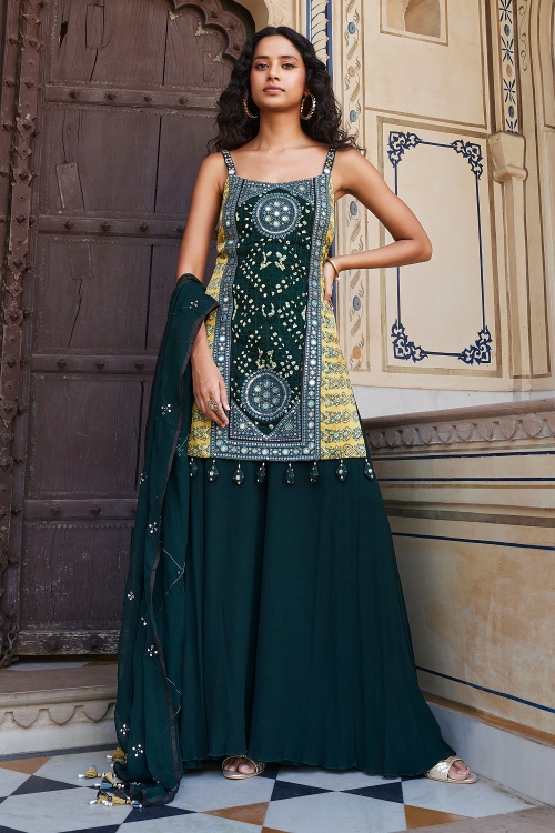 Teal Green and Yellow Silk Bandhej Palazzo Suit with Applique and Sequins Work