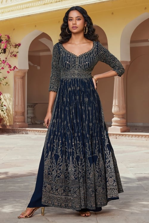 Dark Blue Chinon Embroidery and Sequins Work Straight Cut Palazzo Suit