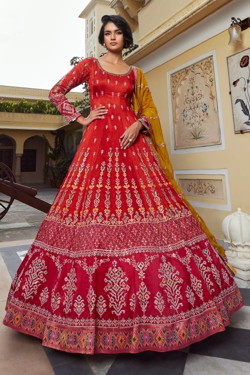Red Silk Embroidery and Sequins Work Anarkali Suit